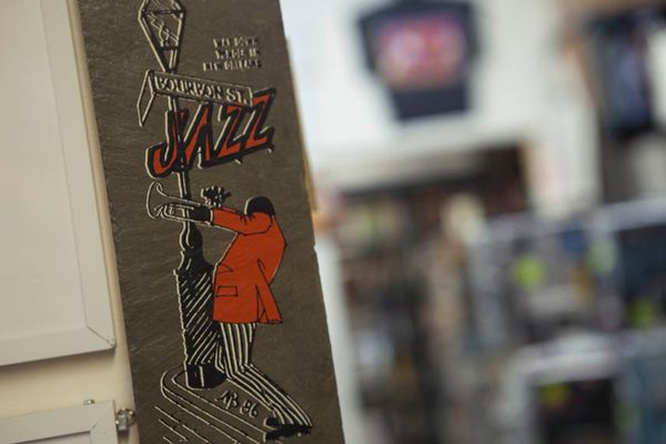 Stacks of jazz vinyl LPs — Jazz Record Center has served collectors since 1983