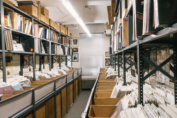 Jazz albums and music ephemera lining the walls of Jazz Record Center NYC