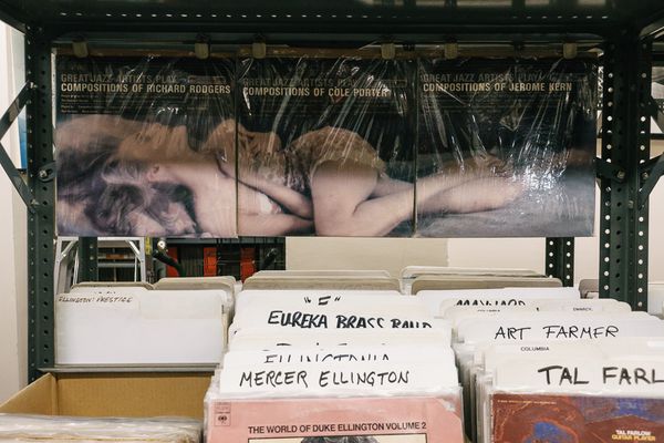 Customer browsing jazz vinyl bins at Jazz Record Center — best record store in New York for jazz
