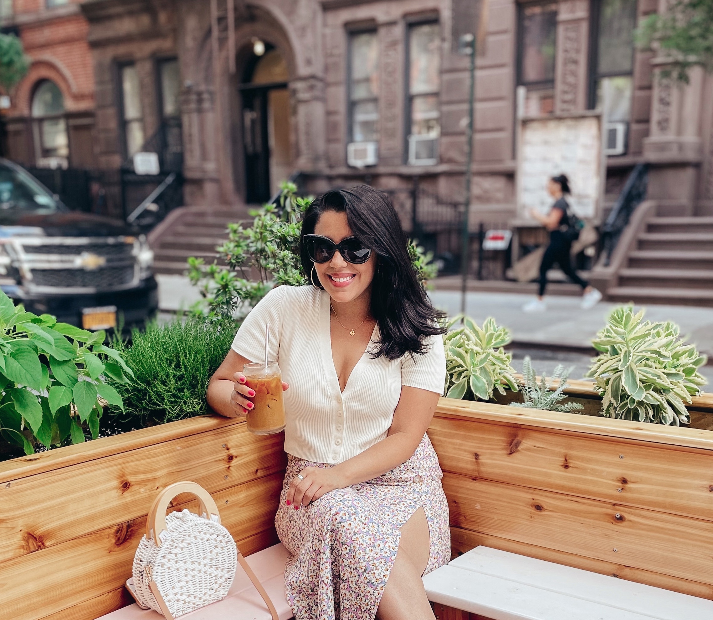 Naty enjoying coffee in Hell's Kitchen. 