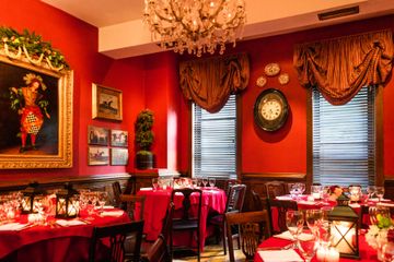 Red interiors at Kings' Carriage House. British Tea Shops Upper East Side Yorkville