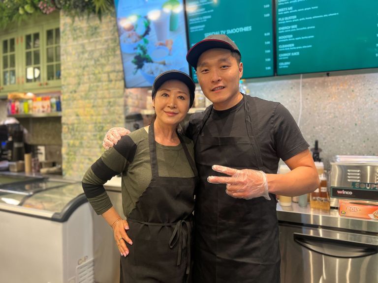 Mother and son duo Joy Shim and Kyle Shim plan  at Green Symphony.. American Midtown West Theater District Times Square